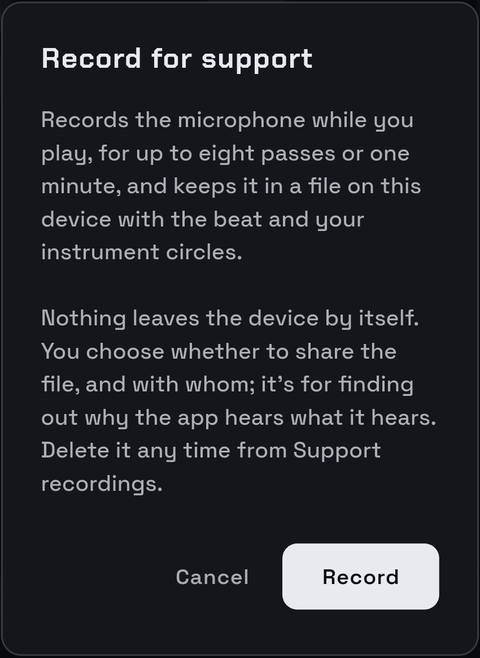 The Record for support dialog, with Cancel and Record buttons.