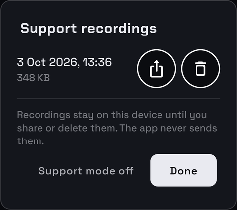 The Support recordings list: one recording with share and delete buttons, then Support mode off and Done.