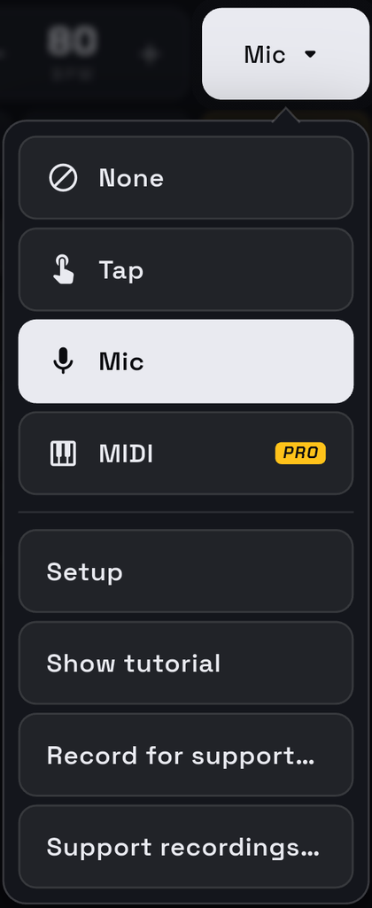 The input menu with Mic selected; Record for support… and Support recordings… at the bottom.