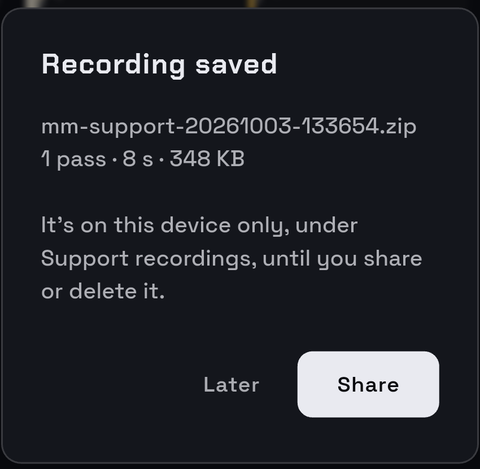 The Recording saved dialog: file name, 1 pass, 8 s, 348 KB, with Later and Share buttons.