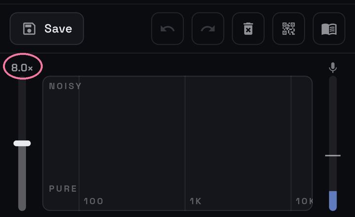 The mic panel at the bottom of the screen; the 8.0× figure above the left-hand slider is circled.