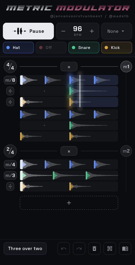 The beat grid playing a three against two polyrhythm, with a playhead sweeping a beat
