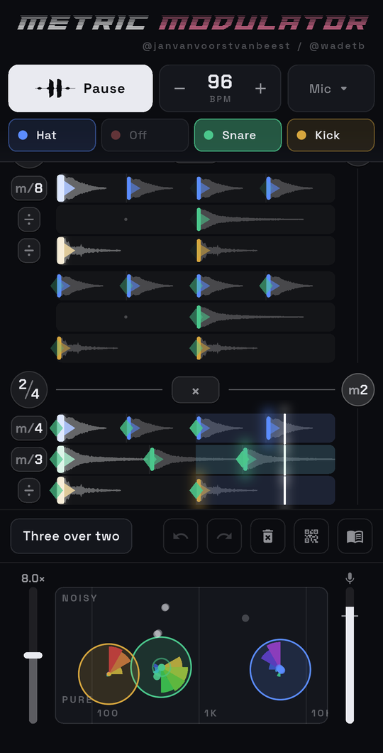 Playing along on the mic: each drum lands in its circle on the map, hit markers on the grid